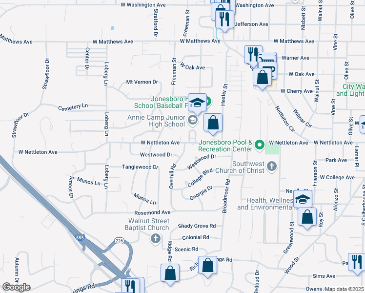 map of restaurants, bars, coffee shops, grocery stores, and more near 1902 West Nettleton Avenue in Jonesboro
