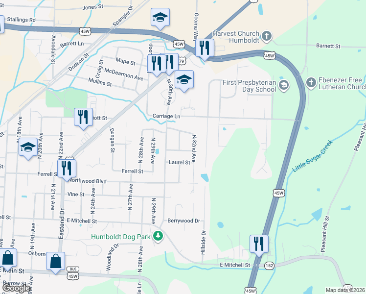 map of restaurants, bars, coffee shops, grocery stores, and more near 1123 North 31st Avenue in Humboldt