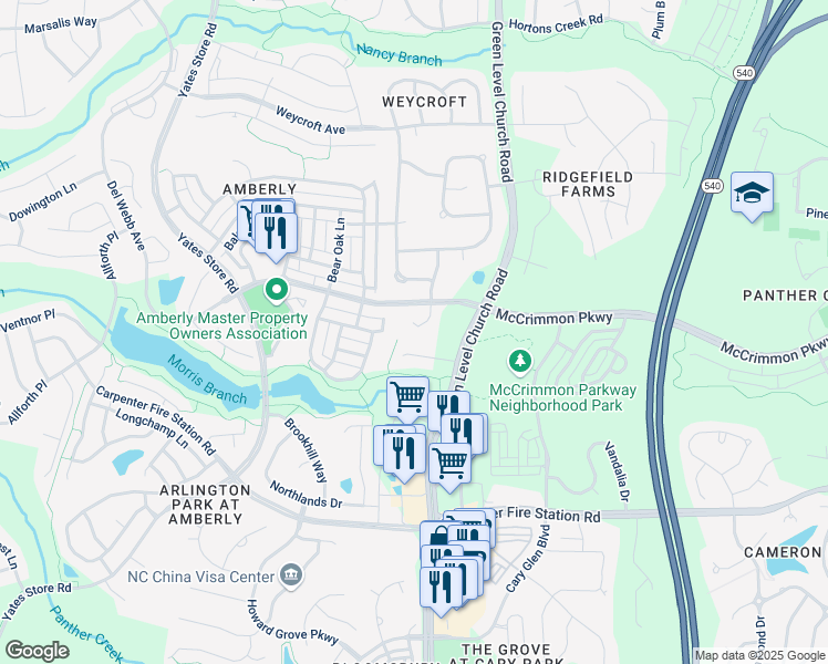 map of restaurants, bars, coffee shops, grocery stores, and more near 937 Green Alder Court in Cary