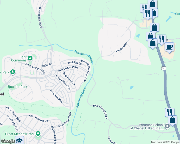 map of restaurants, bars, coffee shops, grocery stores, and more near 332 Bennett Mountain Trace in Chapel Hill
