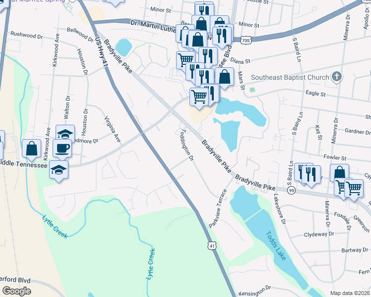 map of restaurants, bars, coffee shops, grocery stores, and more near 1120 Toddington Drive in Murfreesboro