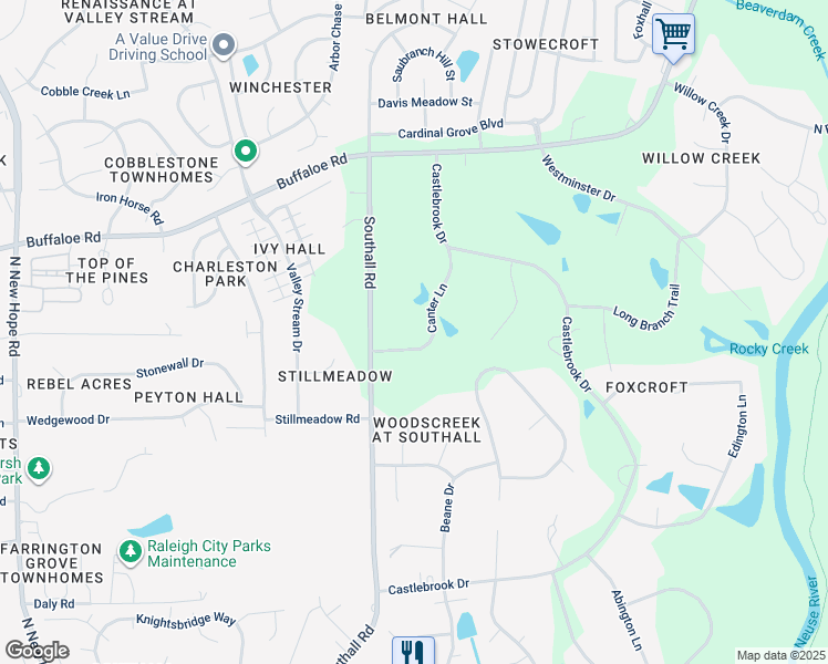 map of restaurants, bars, coffee shops, grocery stores, and more near 3505 Canter Lane in Raleigh