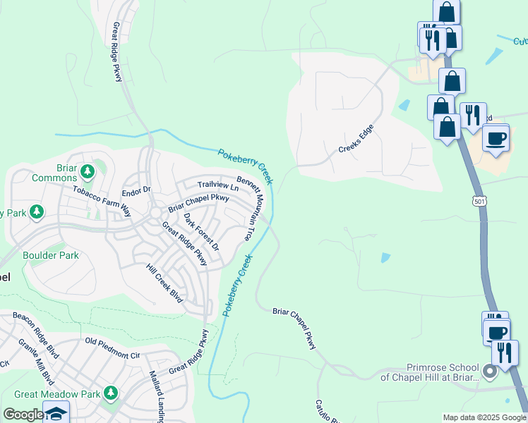 map of restaurants, bars, coffee shops, grocery stores, and more near 332 Bennett Mountain Trace in Chapel Hill