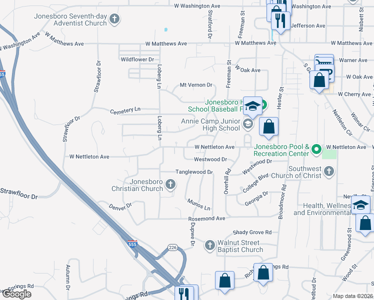 map of restaurants, bars, coffee shops, grocery stores, and more near 2013 Cenwood Drive in Jonesboro