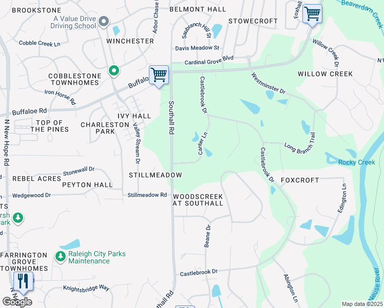 map of restaurants, bars, coffee shops, grocery stores, and more near 3505 Canter Lane in Raleigh