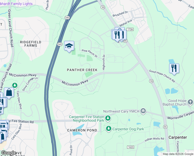 map of restaurants, bars, coffee shops, grocery stores, and more near 4020 Highcroft Drive in Cary