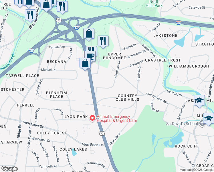 map of restaurants, bars, coffee shops, grocery stores, and more near 3315 Alamance Drive in Raleigh