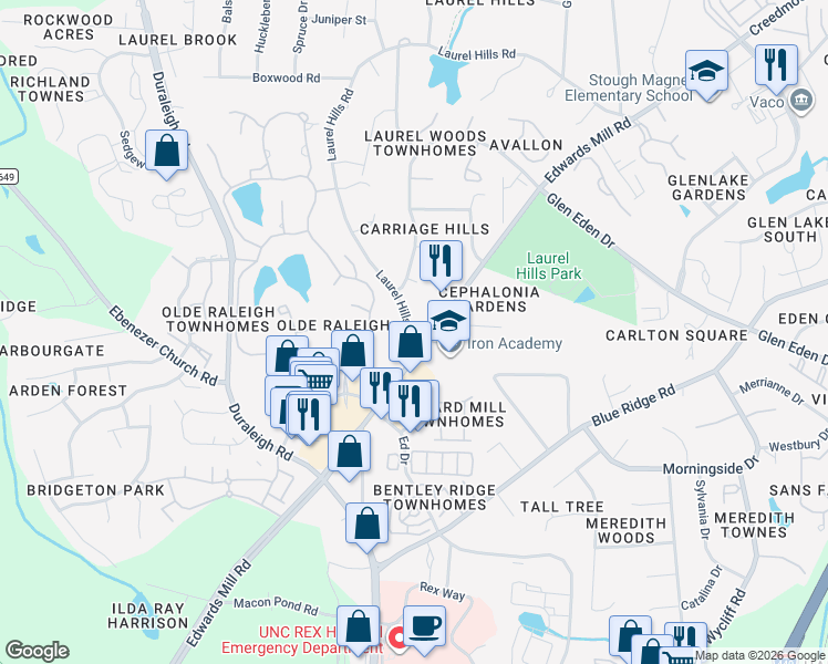map of restaurants, bars, coffee shops, grocery stores, and more near 3608 Henrys Garden Lane in Raleigh