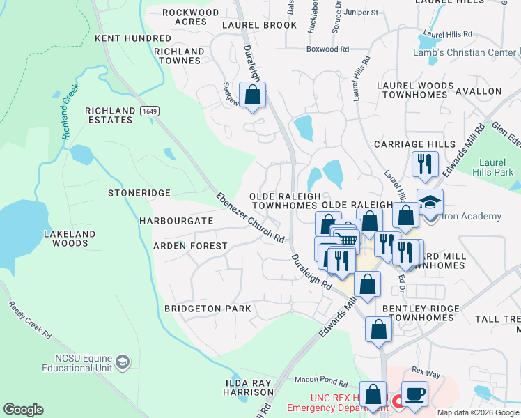 map of restaurants, bars, coffee shops, grocery stores, and more near 3604 Burwell Rollins Circle in Raleigh