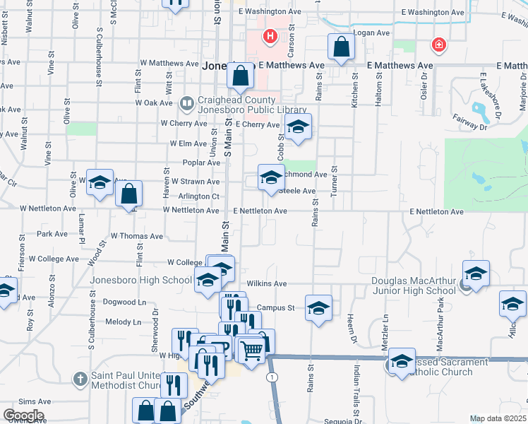map of restaurants, bars, coffee shops, grocery stores, and more near 208 East Nettleton Avenue in Jonesboro
