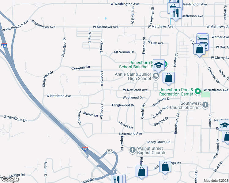 map of restaurants, bars, coffee shops, grocery stores, and more near 1307 Santa Fe Circle in Jonesboro