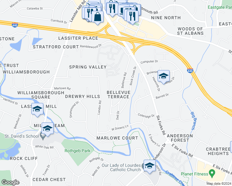 map of restaurants, bars, coffee shops, grocery stores, and more near 3510 Turnbridge Drive in Raleigh