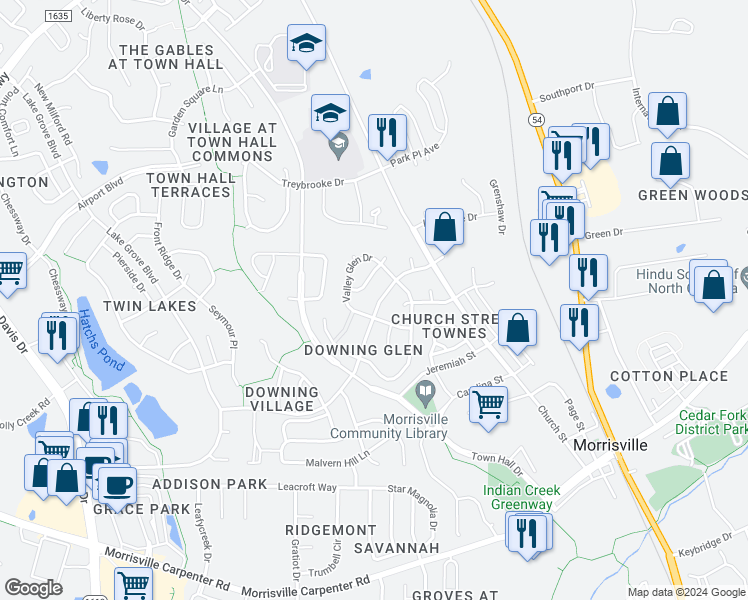 map of restaurants, bars, coffee shops, grocery stores, and more near 324 Downing Glen Drive in Morrisville