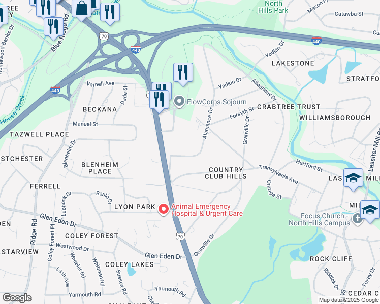 map of restaurants, bars, coffee shops, grocery stores, and more near 3315 Alamance Drive in Raleigh