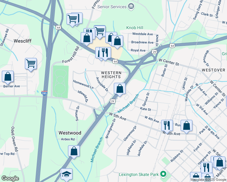 map of restaurants, bars, coffee shops, grocery stores, and more near 315 Sweetbriar Drive in Lexington