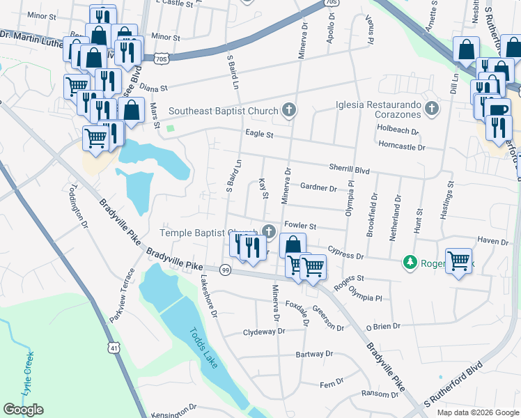 map of restaurants, bars, coffee shops, grocery stores, and more near 919 Kay Street in Murfreesboro