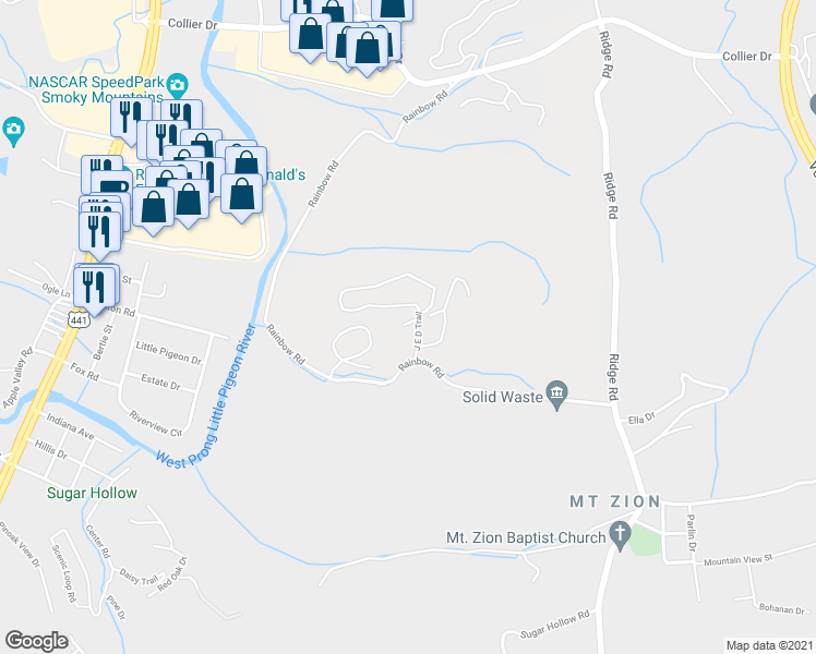 map of restaurants, bars, coffee shops, grocery stores, and more near 1631 J E D Trail in Sevierville