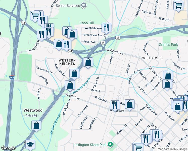 map of restaurants, bars, coffee shops, grocery stores, and more near in Lexington