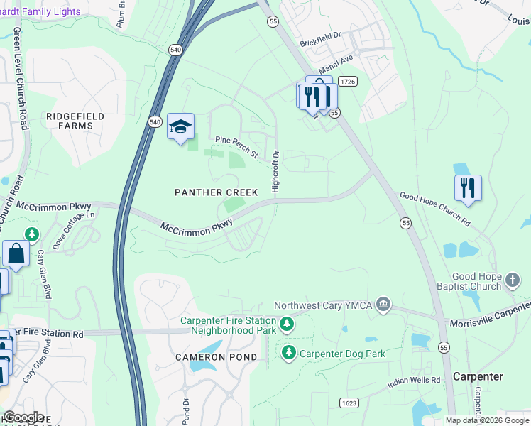 map of restaurants, bars, coffee shops, grocery stores, and more near 4020 Highcroft Drive in Cary