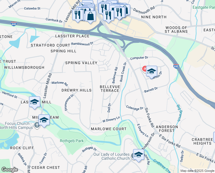 map of restaurants, bars, coffee shops, grocery stores, and more near 3510 Turnbridge Drive in Raleigh