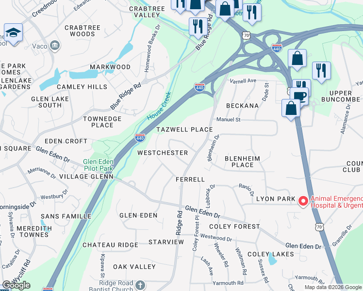 map of restaurants, bars, coffee shops, grocery stores, and more near 1108 Bancroft Street in Raleigh