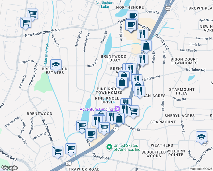 map of restaurants, bars, coffee shops, grocery stores, and more near 3547 Londonville Lane in Raleigh