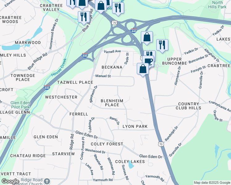 map of restaurants, bars, coffee shops, grocery stores, and more near 1120 Blenheim Drive in Raleigh