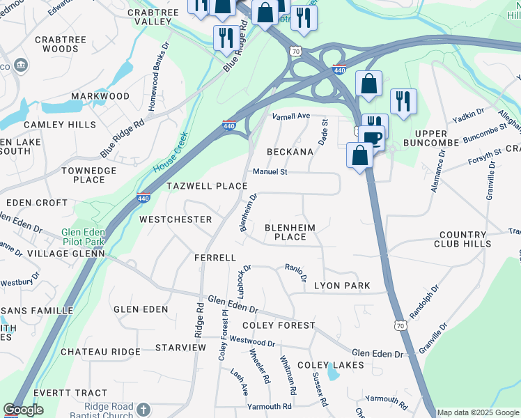 map of restaurants, bars, coffee shops, grocery stores, and more near 1008 Blenheim Drive in Raleigh