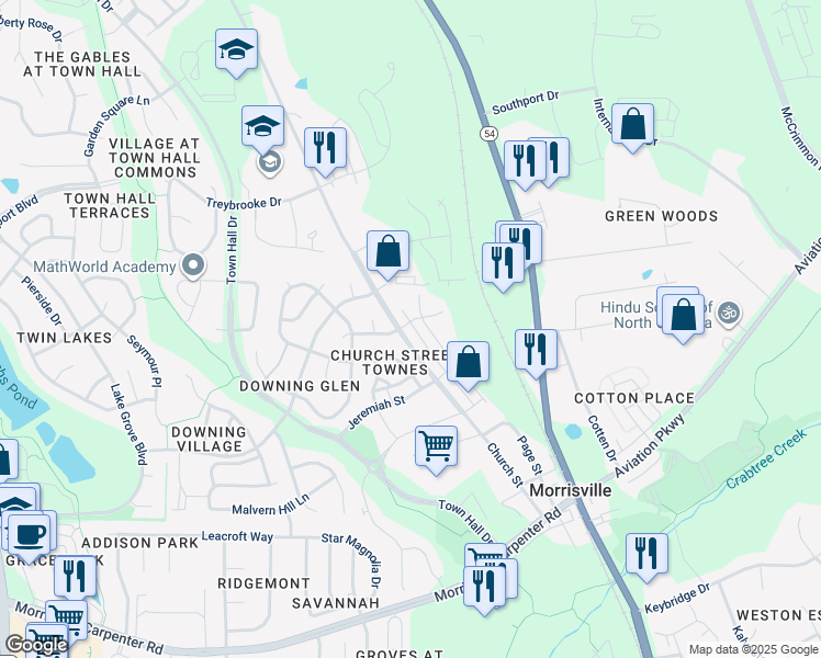 map of restaurants, bars, coffee shops, grocery stores, and more near 508 Church Street in Morrisville
