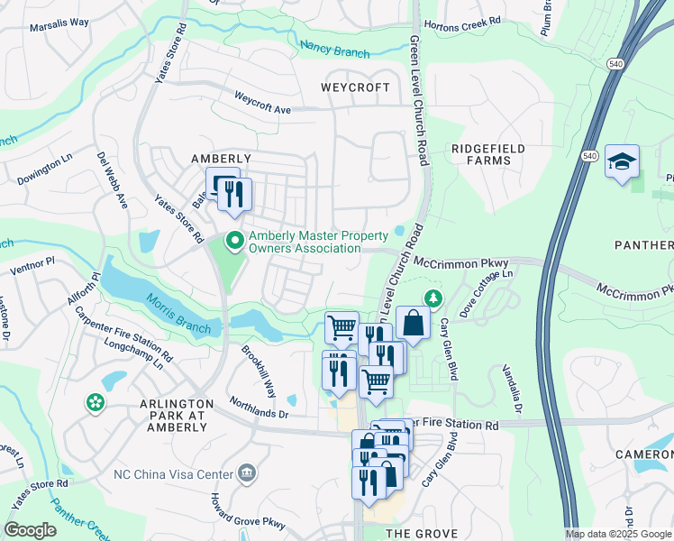 map of restaurants, bars, coffee shops, grocery stores, and more near 936 Green Alder Court in Cary