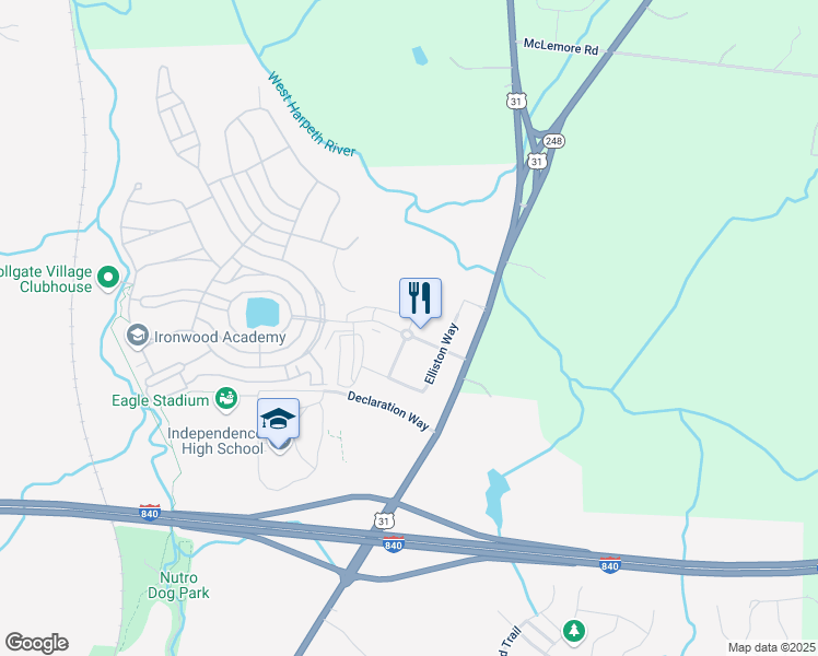 map of restaurants, bars, coffee shops, grocery stores, and more near 2100 Branford Place in Thompson's Station