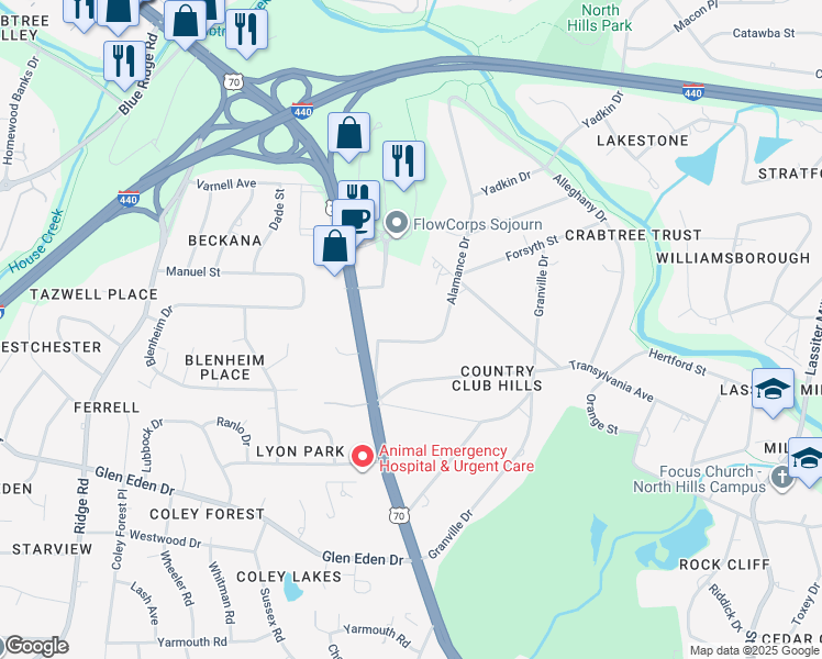 map of restaurants, bars, coffee shops, grocery stores, and more near 3315 Alamance Drive in Raleigh