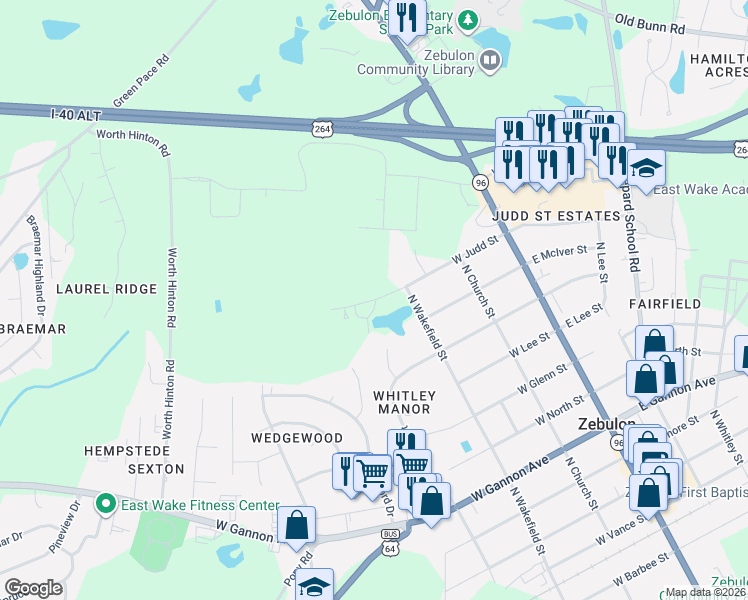 map of restaurants, bars, coffee shops, grocery stores, and more near 304 West Judd Street in Zebulon