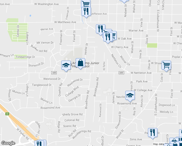 map of restaurants, bars, coffee shops, grocery stores, and more near 1400 Broadmoor Road in Jonesboro