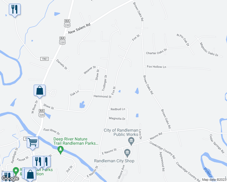map of restaurants, bars, coffee shops, grocery stores, and more near 410 Fox Street in Randleman