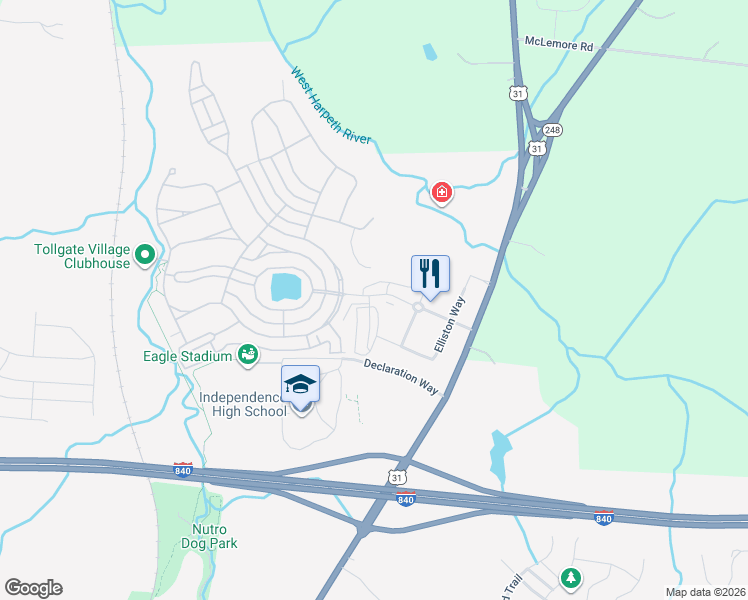 map of restaurants, bars, coffee shops, grocery stores, and more near 2051 Tollgate Boulevard in Thompson's Station