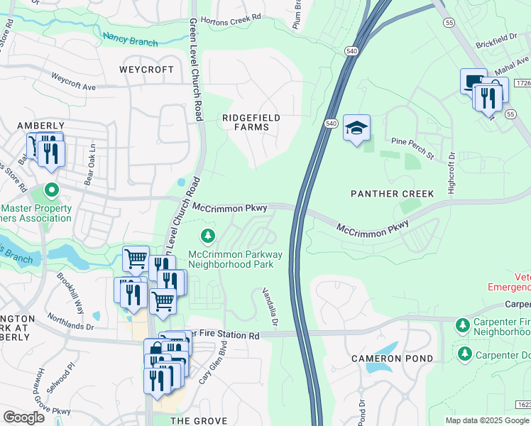 map of restaurants, bars, coffee shops, grocery stores, and more near 323 Dove Cottage Lane in Cary