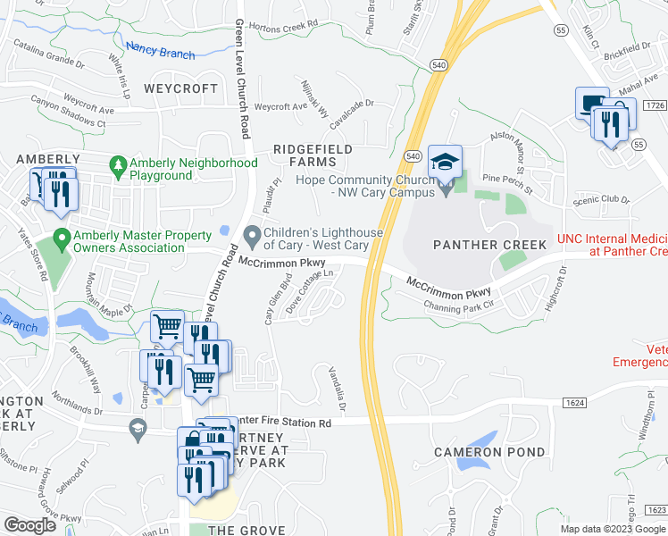 map of restaurants, bars, coffee shops, grocery stores, and more near 329 Dove Cottage Lane in Cary