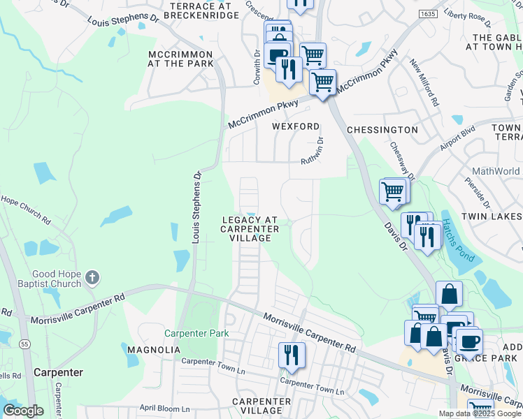 map of restaurants, bars, coffee shops, grocery stores, and more near 126 Linden Park Lane in Cary