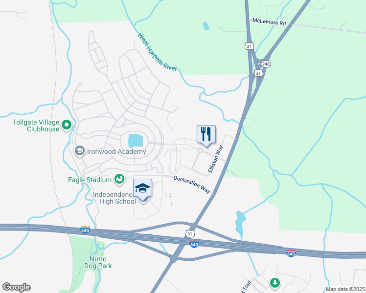 map of restaurants, bars, coffee shops, grocery stores, and more near 2051 Tollgate Boulevard in Thompson's Station