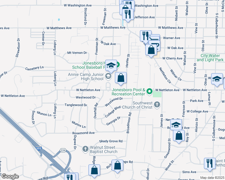 map of restaurants, bars, coffee shops, grocery stores, and more near 1814 West Nettleton Avenue in Jonesboro