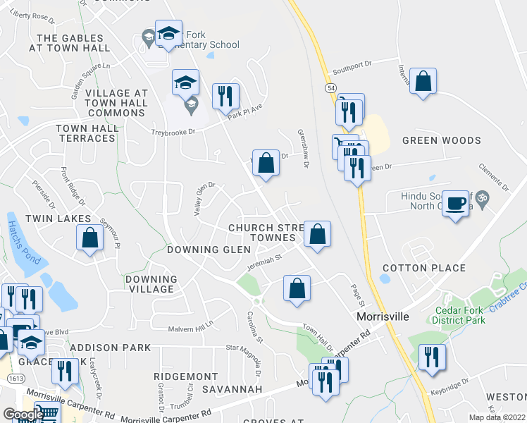 map of restaurants, bars, coffee shops, grocery stores, and more near 108 Taylor Glen Drive in Morrisville