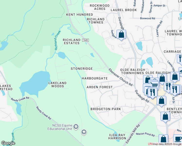 map of restaurants, bars, coffee shops, grocery stores, and more near 4917 Stoneridge Drive in Raleigh