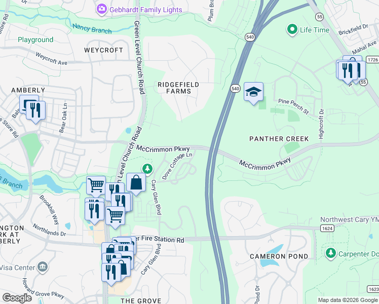 map of restaurants, bars, coffee shops, grocery stores, and more near 317 Dove Cottage Lane in Cary