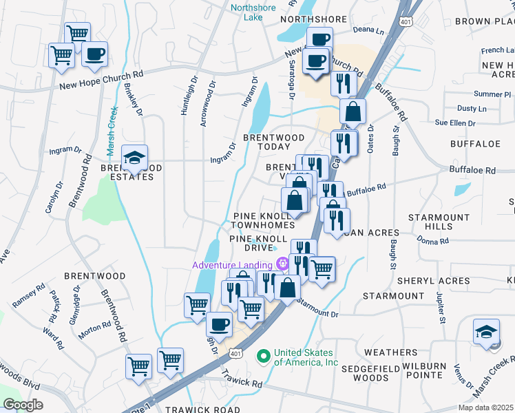 map of restaurants, bars, coffee shops, grocery stores, and more near 3537 Londonville Lane in Raleigh