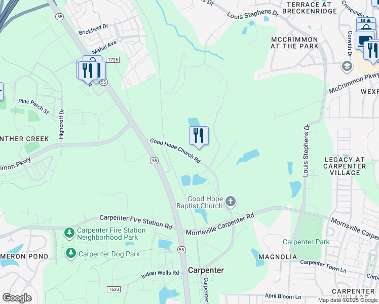 map of restaurants, bars, coffee shops, grocery stores, and more near 6808 Good Hope Church Road in Morrisville
