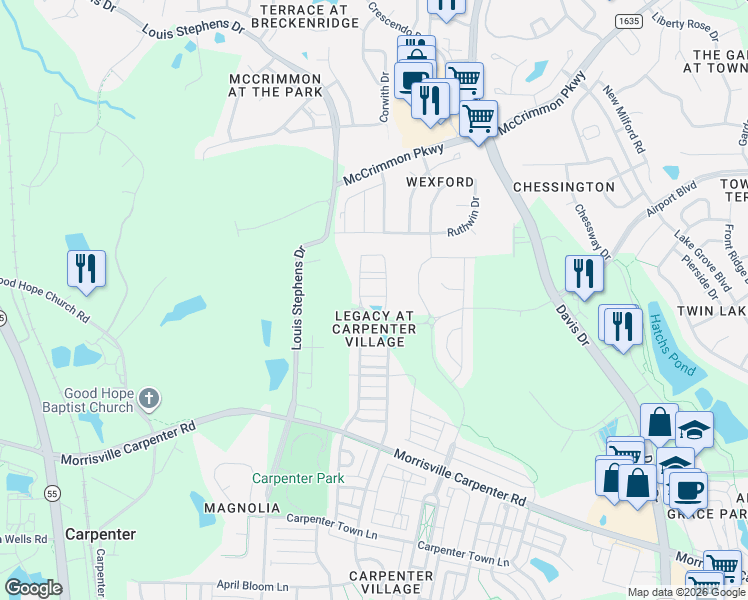 map of restaurants, bars, coffee shops, grocery stores, and more near 126 Linden Park Lane in Cary