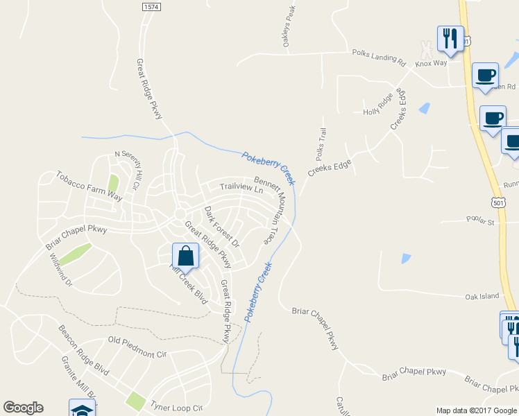 map of restaurants, bars, coffee shops, grocery stores, and more near 1347 Briar Chapel Parkway in Chapel Hill