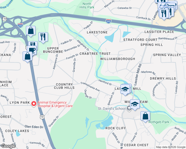 map of restaurants, bars, coffee shops, grocery stores, and more near 3301 Dryden Court in Raleigh