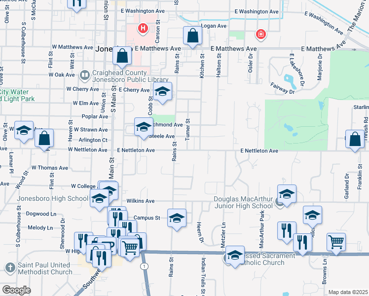 map of restaurants, bars, coffee shops, grocery stores, and more near 1315 Turner Street in Jonesboro